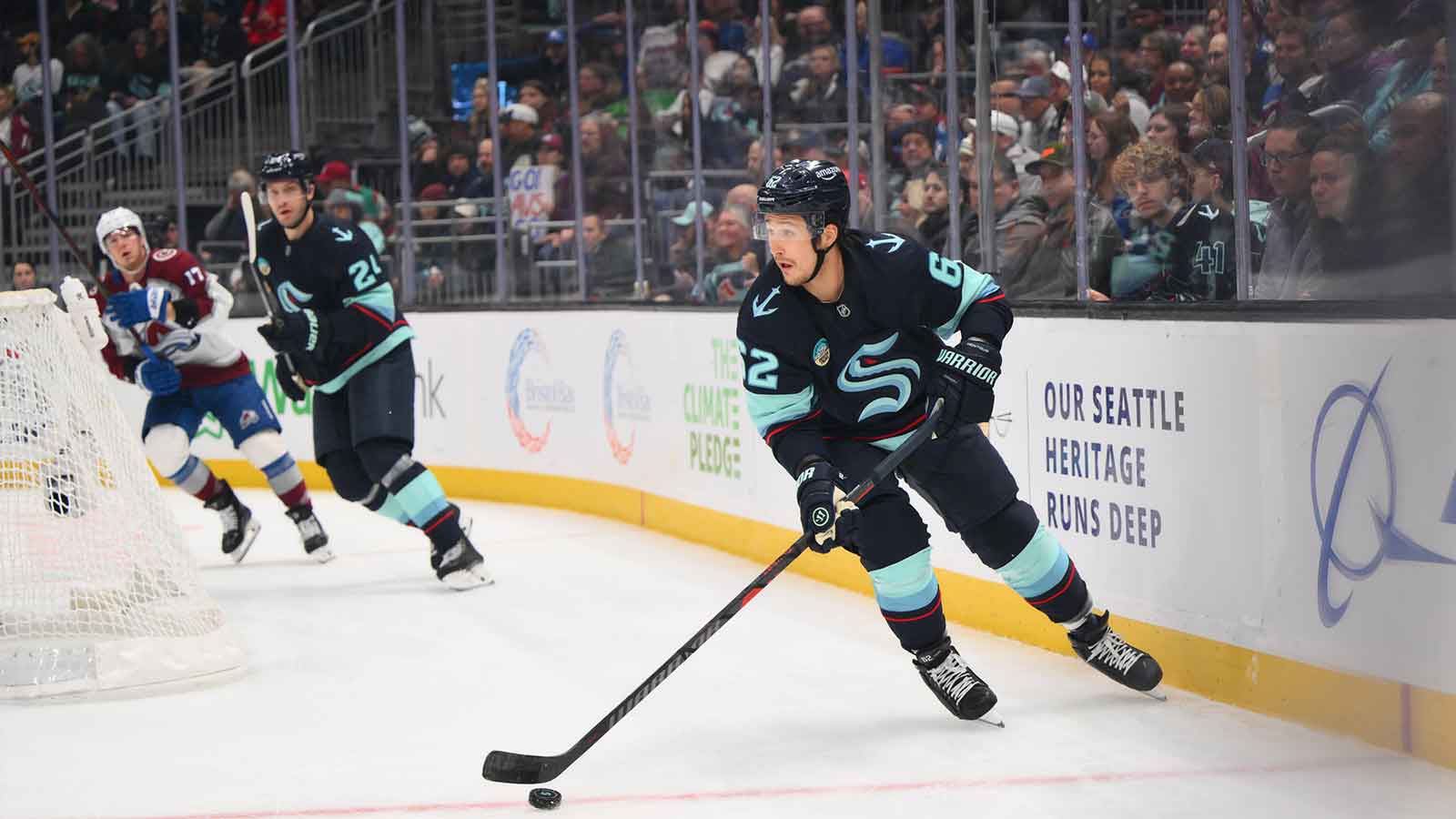 Seattle Kraken left wing Mason Marchment (27) shoots the puck against the Utah Mammoth during the third period at Delta Center.