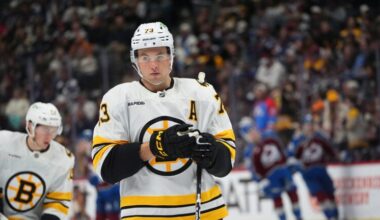 Boston Bruins defenseman Charlie McAvoy (73) in the third period of an NHL hockey game Saturday, Oct. 18, 2025, in Denver.