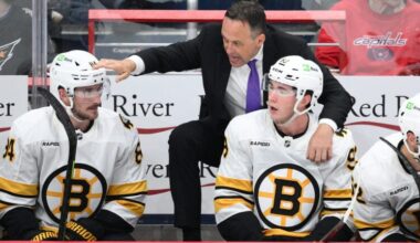 Boston Bruins head coach Marco Sturm in action during the third period of an NHL hockey game against the Washington Capitals, Wednesday, Oct. 8, 2025, in Washington.