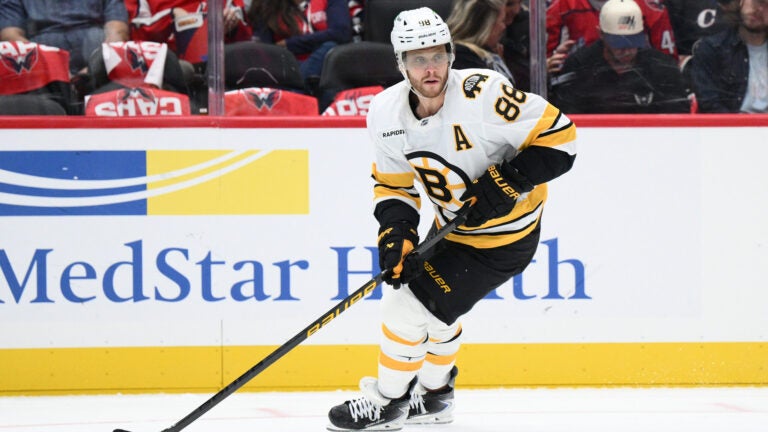 Boston Bruins right wing David Pastrnak (88) in action during the first period of an NHL hockey game against the Washington Capitals, Wednesday, October 8, 2025, in Washington.