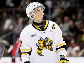 Lukas Fischer debuts as the Sarnia Sting's captain against the Windsor Spitfires at Progressive Auto Sales Arena in Sarnia, Ont., on Friday, Sept. 27, 2024. Mark Malone/Chatham Daily News/Postmedia Network