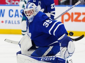 Toronto Maple Leafs goaltender Dennis Hildeby makes a save in Toronto on Thursday, Dec. 11, 2025.