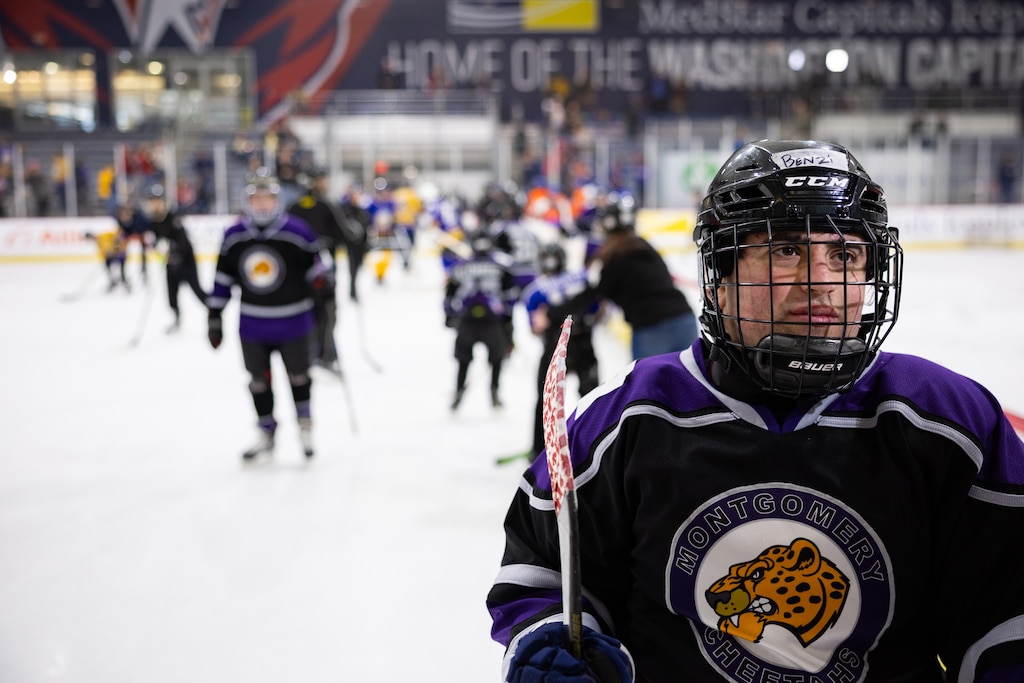 Benzi Goldman, team member from the Montgomery County Cheetahs, speaks to press after playing alongside other members from The American Special Hockey Association, including teammates from the Montgomery County Cheetahs, at the Medstar Iceplex in Arlington, VA on December 10, 2025.