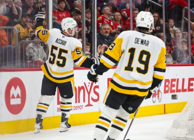 Pittsburgh Penguins center Noel Acciari (55) celebrates his goal during the second period against the Blackhawks, Dec. 28, 2025, at the United Center. (Dominic Di Palermo/Chicago Tribune)