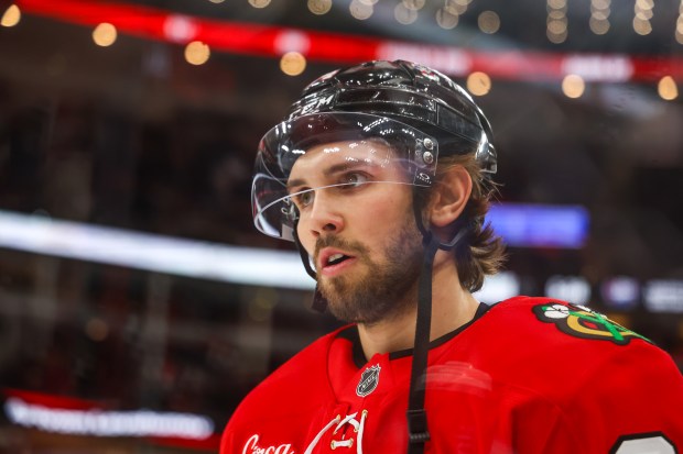 Blackhawks left wing Landon Slaggert (84) warms up before a game against the Pittsburgh Penguins, Dec. 28, 2025, at the United Center. (Dominic Di Palermo/Chicago Tribune)