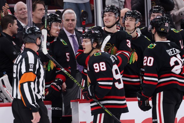 Blackhawks center Connor Bedard yells at the Ducks bench after scoring a empty-net goal during the third period Sunday, Nov. 30, 2025, at the United Center. (Michael Reaves/Getty Images)