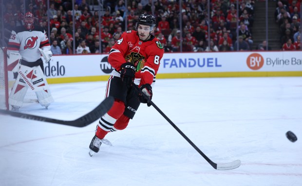 Chicago Blackhawks left wing Landon Slaggert (84) skates after the puck in the first period of a game against the New Jersey Devils at the United Center in Chicago on Nov. 12, 2025. (Chris Sweda/Chicago Tribune)