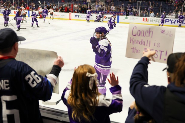 Minnesota Frost forward Kendall Coyne Schofield (26) waves to fans as she warms up before the game against the Ottawa Charge during the PWHL Takeover Tour at Allstate Arena on Sunday, Dec. 21, 2025. (Eileen T. Meslar/Chicago Tribune)