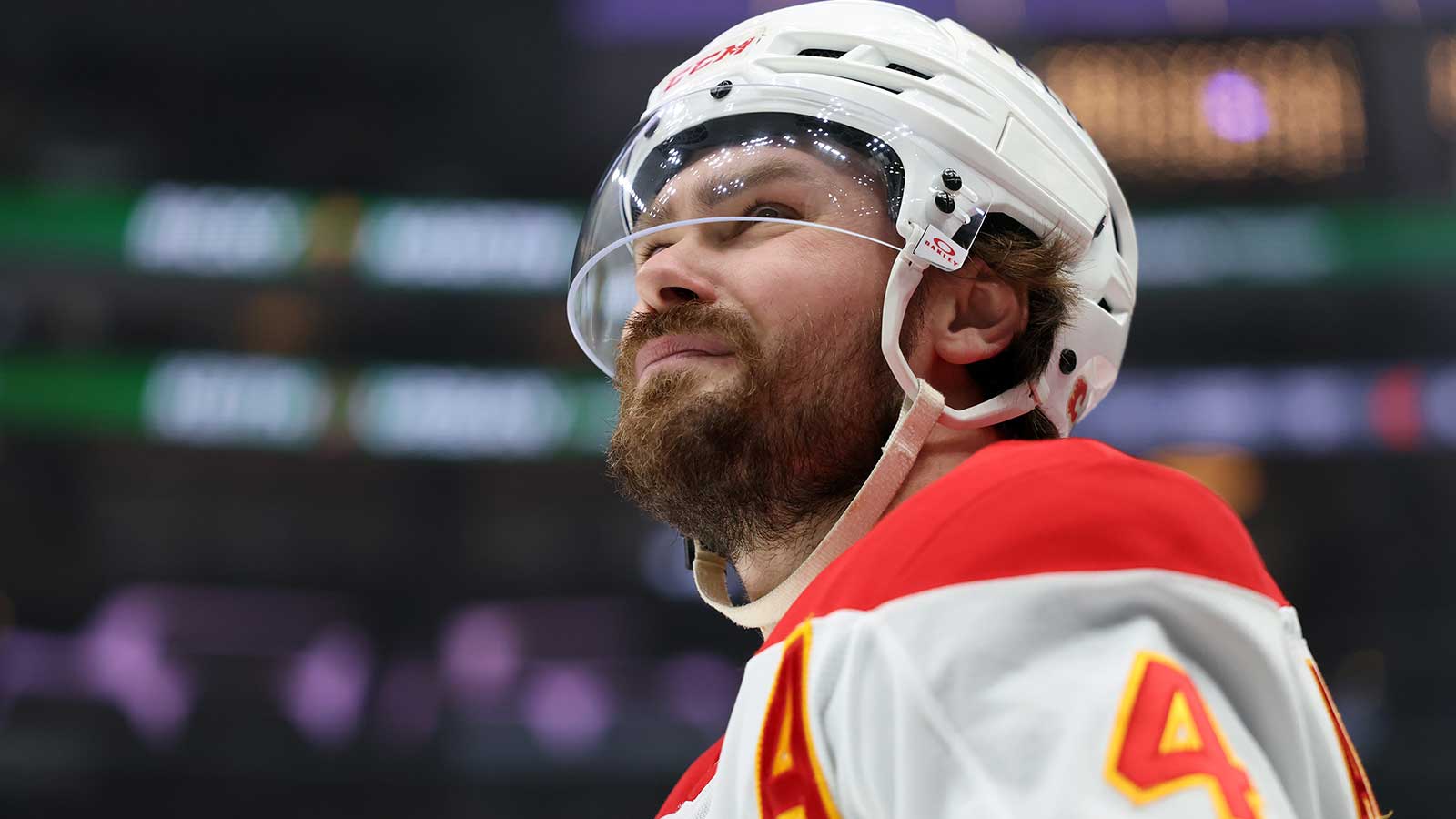 Calgary Flames defenseman Rasmus Andersson (4) looks on during the second period against the Los Angeles Kings at Crypto.com Arena