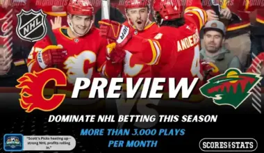 Calgary Flames and Minnesota Wild featured in NHL preview graphic ahead of their upcoming matchup.