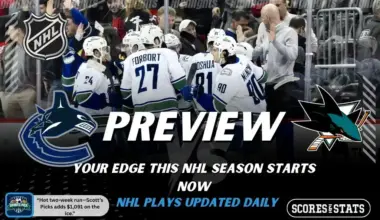 NHL preview graphic showing Vancouver Canucks and San Jose Sharks logos with players celebrating on the ice and the word preview across the center