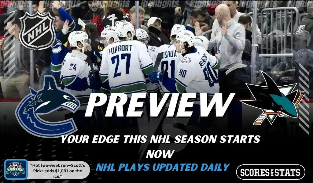 NHL preview graphic showing Vancouver Canucks and San Jose Sharks logos with players celebrating on the ice and the word preview across the center