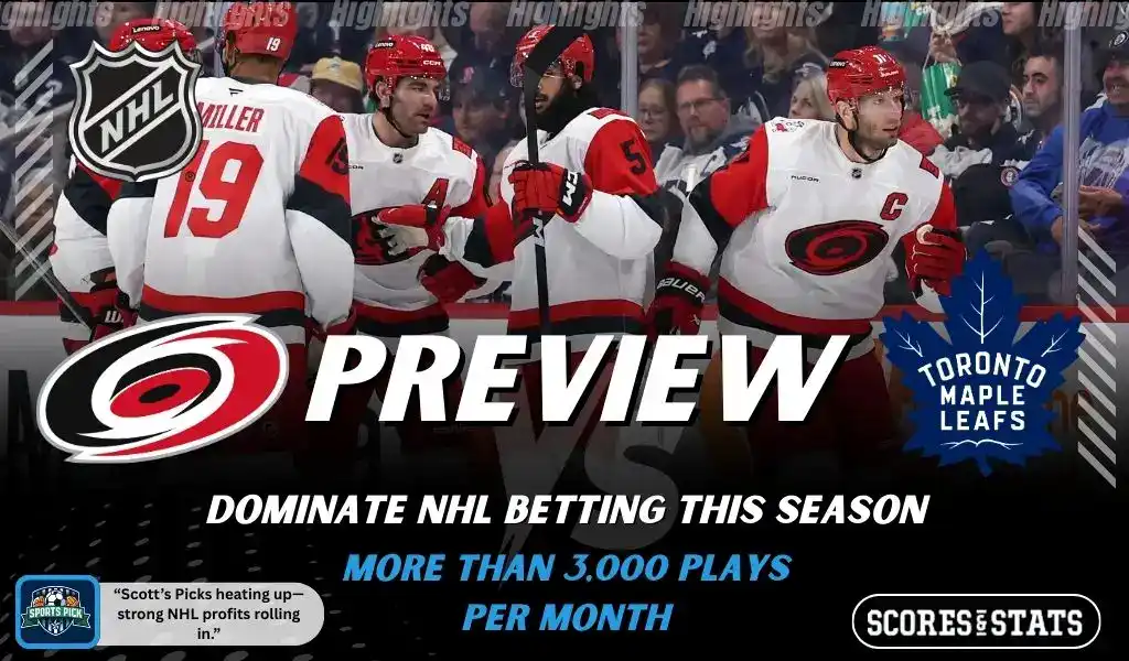 Carolina Hurricanes and Toronto Maple Leafs shown in NHL preview graphic ahead of their upcoming matchup.