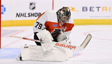 Philadelphia Flyers goalie Carter Hart (79) makes a save against the Minnesota Wild during the second period at Xcel Energy Center.