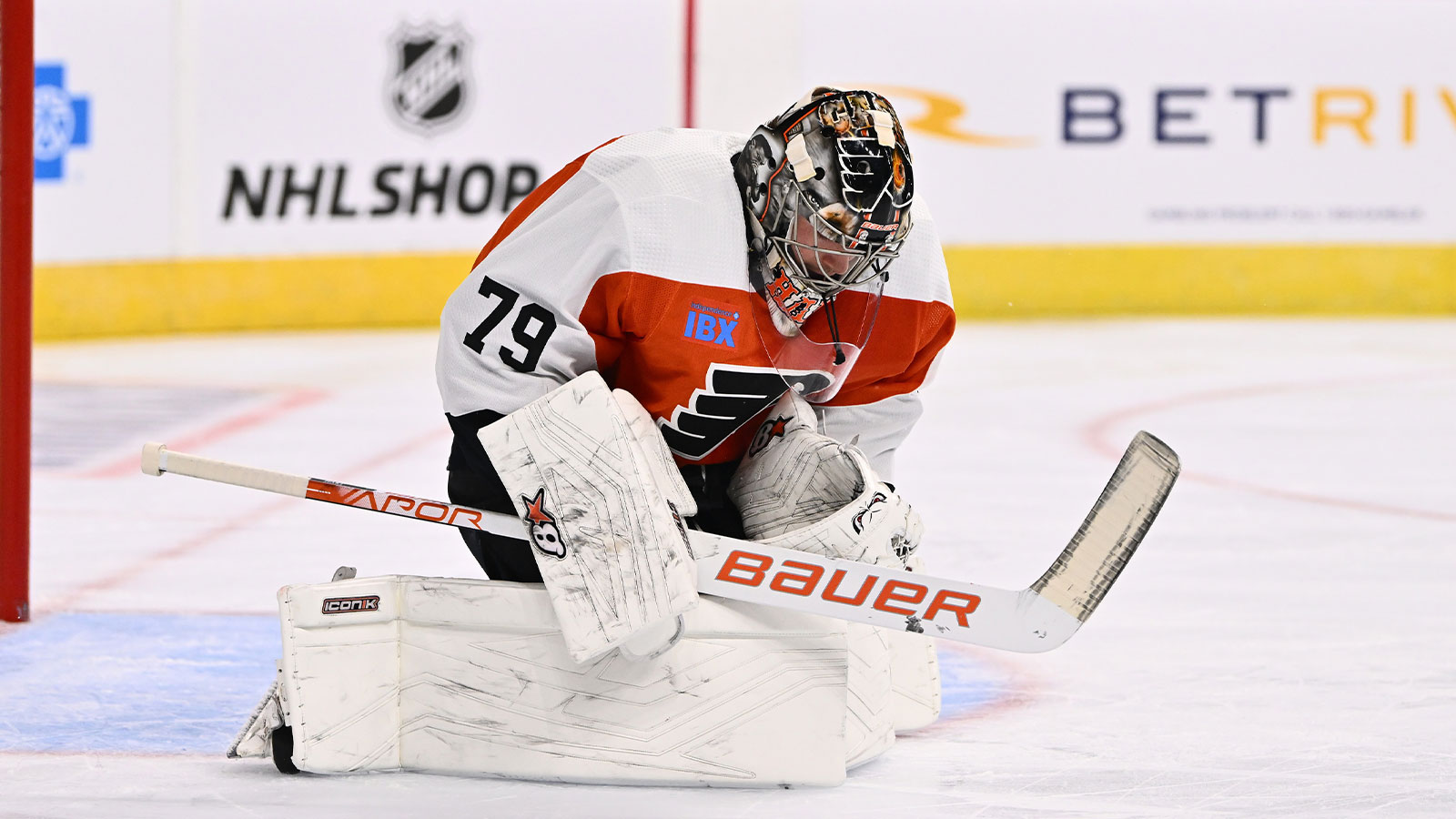 Philadelphia Flyers goalie Carter Hart (79) makes a save against the Minnesota Wild during the second period at Xcel Energy Center.
