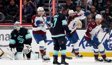 Colorado Avalanche celebrate goal Seattle Kraken December 2025...