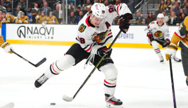 Chicago Blackhawks center Connor Bedard (98) looks to pass the puck against the Seattle Kraken during the first period at United Center.