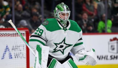 Dallas Stars goaltender Jake Oettinger (29) defends his net against the Minnesota Wild during the second period of an NHL hockey game Thursday, Dec. 11, 2025, in St. Paul, Minn. (AP Photo/Matt Krohn)