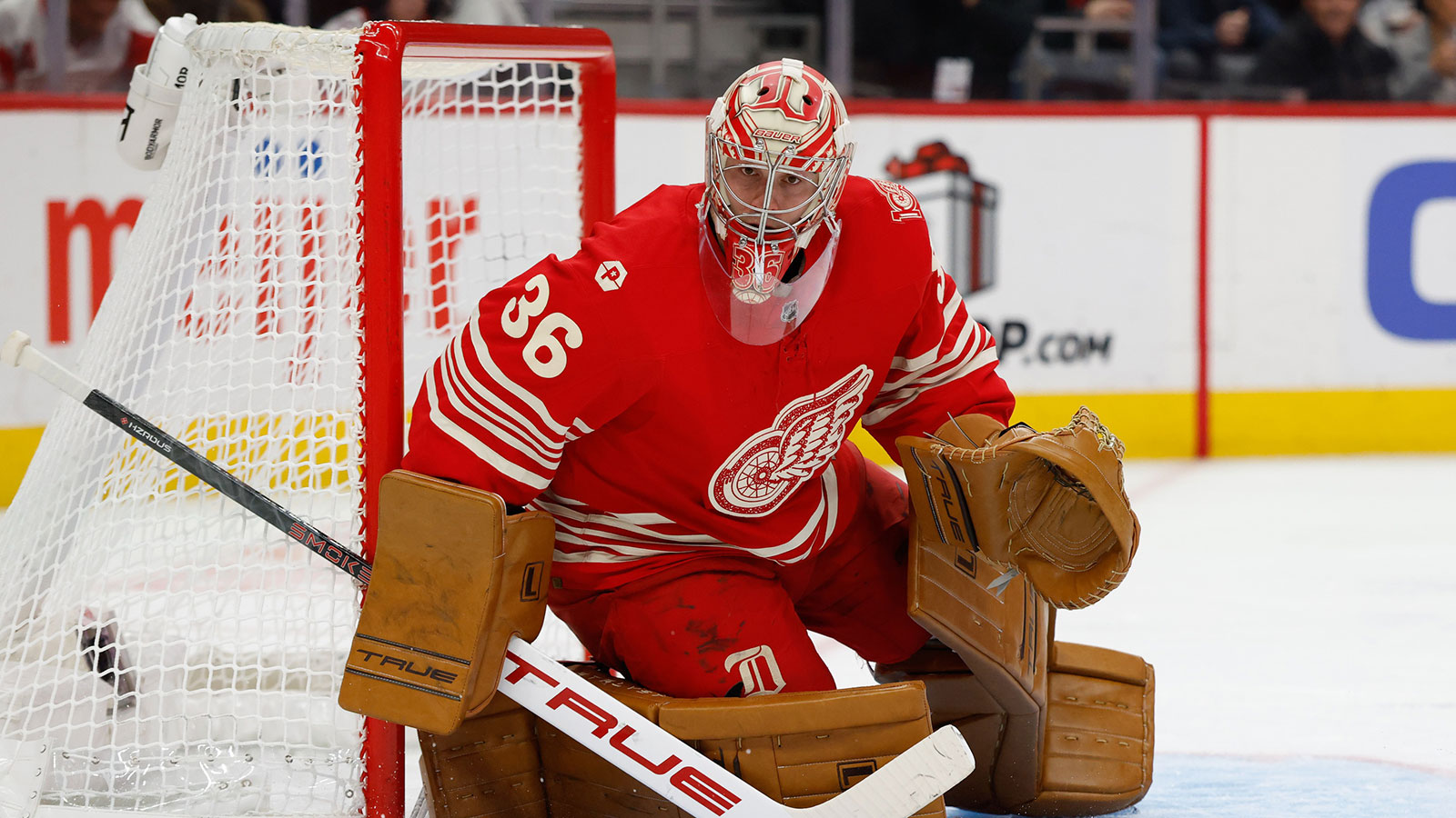 Detroit Red Wings goaltender John Gibson (36) tends goal in the third period against the Boston Bruins at Little Caesars Arena. 