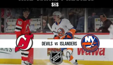 NHL game preview featuring the Devils vs. Islanders, showcasing players in action on the ice with team logos and promotional text.