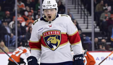 Sam Reinhart celebrating a goal with the Florida Panthers