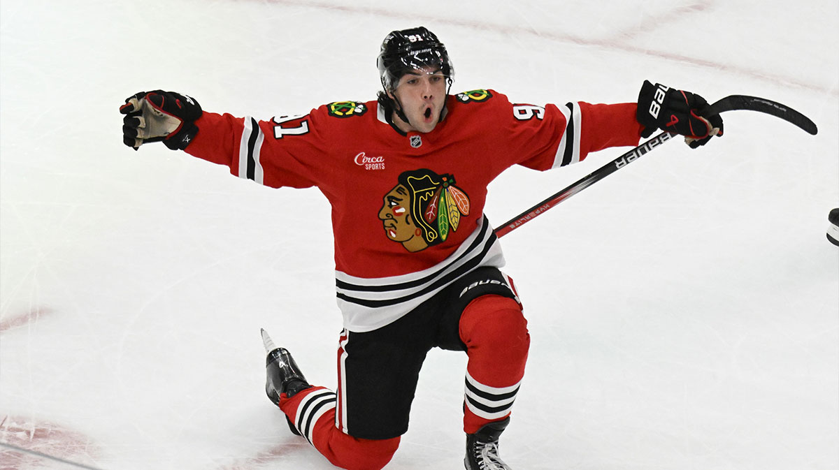 Chicago Blackhawks center Frank Nazar (91) celebrates after scoring a goal against the Winnipeg Jets during the third period at United Center.