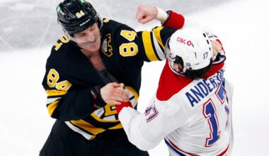 Bruins winger Tanner Jeannot (left) and the Canadiens' Josh Anderson didn't waste any time engaging in hostilities, dropping the gloves right after the puck drop of Tuesday night's game between old rivals at TD Garden.