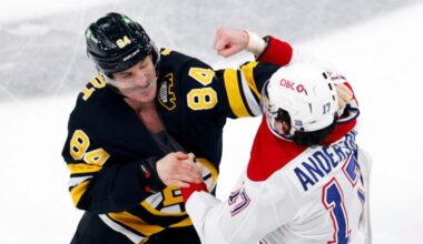 Boston Bruins left wing Tanner Jeannot (84) and Montréal Canadiens right wing Josh Anderson (17) fight right after the puck drop during the first period at TD Garden on Dec. 23, 2025. (