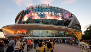 An exterior view shows T-Mobile Arena as it opens to fans before a game between the Utah Hockey Club and the Vegas Golden Knights on November 02, 2024 in Las Vegas, Nevada.