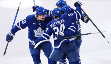 TORONTO, ONTARIO - NOVEMBER 03: William Nylander #88 of the Toronto Maple Leafs celebrates with teammates after scoring a goal against the Pittsburgh Penguins during the third period at Scotiabank Arena on November 3, 2025 in Toronto, Ontario, Canada. (Photo by Michael Chisholm/NHLI via Getty Images)