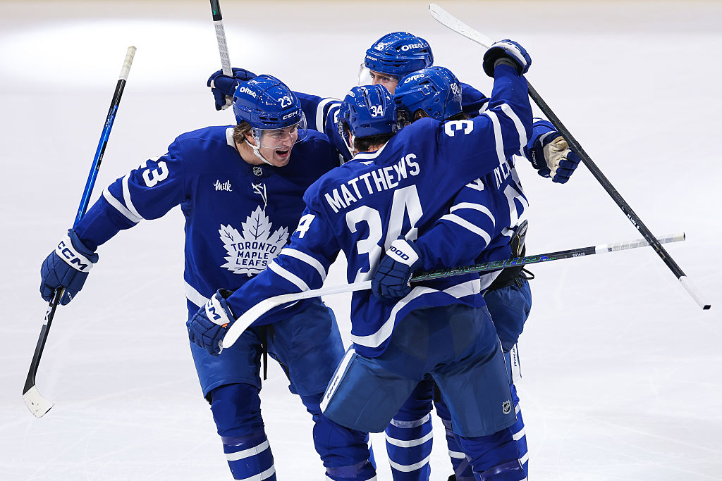 TORONTO, ONTARIO - NOVEMBER 03: William Nylander #88 of the Toronto Maple Leafs celebrates with teammates after scoring a goal against the Pittsburgh Penguins during the third period at Scotiabank Arena on November 3, 2025 in Toronto, Ontario, Canada. (Photo by Michael Chisholm/NHLI via Getty Images)