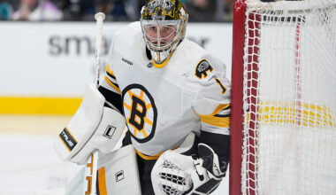 SAN JOSE, CALIFORNIA - NOVEMBER 23: Goalie Jeremy Swayman #1 of the Boston Bruins looks on against the San Jose Sharks in the second period of an NHL hockey game at SAP Center on November 23, 2025 in San Jose, California. (Photo by Thearon W. Henderson/Getty Images)