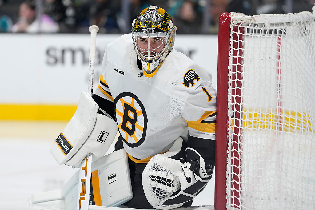 SAN JOSE, CALIFORNIA - NOVEMBER 23: Goalie Jeremy Swayman #1 of the Boston Bruins looks on against the San Jose Sharks in the second period of an NHL hockey game at SAP Center on November 23, 2025 in San Jose, California. (Photo by Thearon W. Henderson/Getty Images)