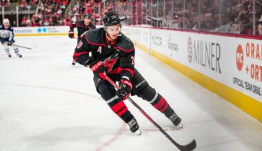 RALEIGH, NORTH CAROLINA - NOVEMBER 28: Sebastian Aho #20 of the Carolina Hurricanes skates with the puck during the first period of a game against the Winnipeg Jets at Lenovo Center on November 28, 2025 in Raleigh, North Carolina. (Photo by Josh Lavallee/NHLI via Getty Images)