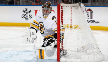 ELMONT, NEW YORK - NOVEMBER 26: Jeremy Swayman #1 of the Boston Bruins looks on during the second period against the New York Islanders at UBS Arena on November 26, 2025 in Elmont, New York. (Photo by Sarah Stier/Getty Images)