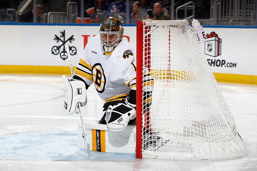 ELMONT, NEW YORK - NOVEMBER 26: Jeremy Swayman #1 of the Boston Bruins looks on during the second period against the New York Islanders at UBS Arena on November 26, 2025 in Elmont, New York. (Photo by Sarah Stier/Getty Images)