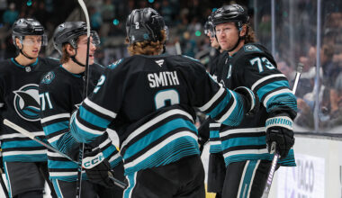 SAN JOSE, CA - DECEMBER 1: Tyler Toffoli #73 of the San Jose Sharks celebrates after scoring a goal during the first period of a game against the Utah Mammoth at SAP Center on December 1, 2025 in San Jose, California. (Photo by Panayiota Good/NHLI via Getty Images)