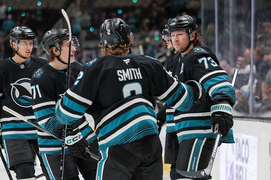 SAN JOSE, CA - DECEMBER 1: Tyler Toffoli #73 of the San Jose Sharks celebrates after scoring a goal during the first period of a game against the Utah Mammoth at SAP Center on December 1, 2025 in San Jose, California. (Photo by Panayiota Good/NHLI via Getty Images)