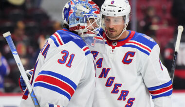 OTTAWA, CANADA - DECEMBER 4: J.T. Miller #8 of the New York Rangers congratulates goalie Igor Shesterkin #31 after their win against the Ottawa Senators on December 4, 2025 at Canadian Tire Centre in Ottawa, Ontario, Canada. (Photo by André Ringuette/NHLI via Getty Images)