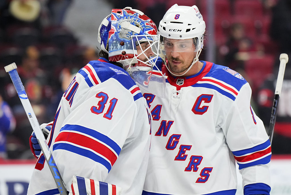 OTTAWA, CANADA - DECEMBER 4: J.T. Miller #8 of the New York Rangers congratulates goalie Igor Shesterkin #31 after their win against the Ottawa Senators on December 4, 2025 at Canadian Tire Centre in Ottawa, Ontario, Canada. (Photo by André Ringuette/NHLI via Getty Images)