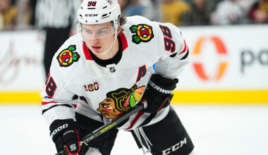 LAS VEGAS, NEVADA - DECEMBER 02: Connor Bedard #98 of the Chicago Blackhawks looks on during the second period against the Vegas Golden Knights at T-Mobile Arena on December 02, 2025 in Las Vegas, Nevada. (Photo by Jeff Bottari/NHLI via Getty Images)