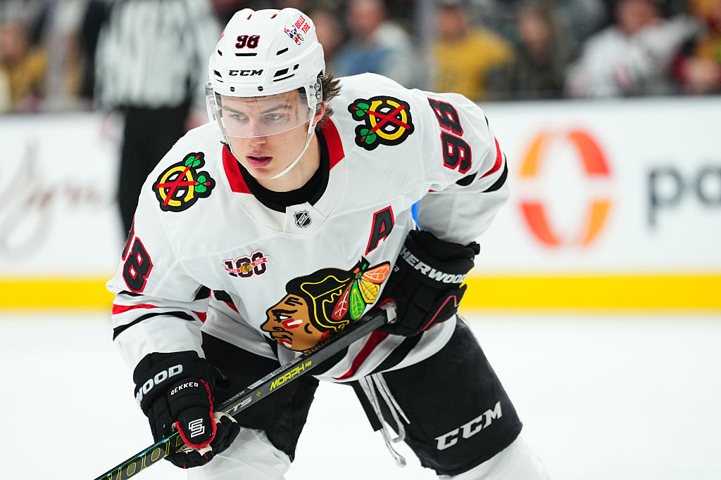 LAS VEGAS, NEVADA - DECEMBER 02: Connor Bedard #98 of the Chicago Blackhawks looks on during the second period against the Vegas Golden Knights at T-Mobile Arena on December 02, 2025 in Las Vegas, Nevada. (Photo by Jeff Bottari/NHLI via Getty Images)