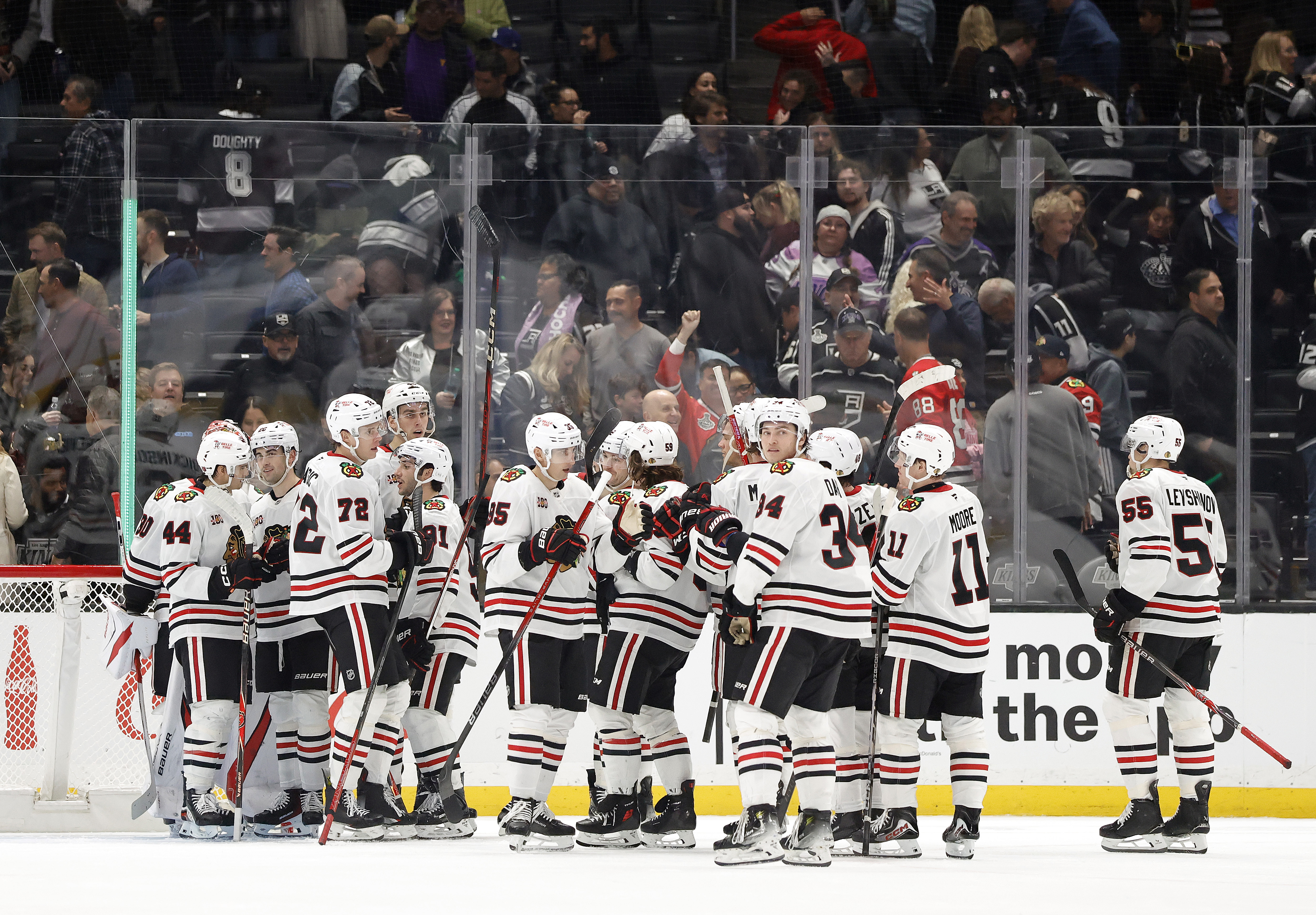 The Chicago Blackhawks celebrate their 2-1 victory over the Kings...