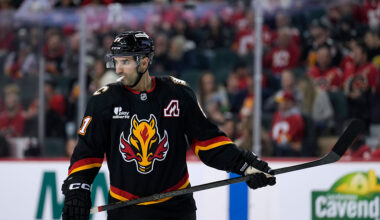 CALGARY, CANADA - DECEMBER 06: Nazem Kadri #91 of the Calgary Flames prepares for a face-off against the Utah Mammoth at the Scotiabank Saddledome on December 06, 2025 in Calgary, Canada. (Photo by Leah Hennel/Getty Images)