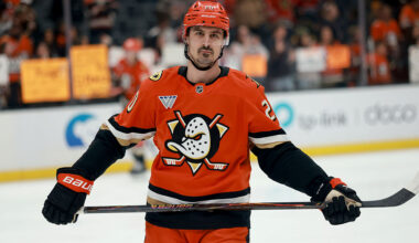 ANAHEIM, CALIFORNIA - DECEMBER 07: Chris Kreider #20 of the Anaheim Ducks looks on during warmups before the game against the Chicago Blackhawks at Honda Center on December 07, 2025 in Anaheim, California. (Photo by Nicole Vasquez /NHLI via Getty Images)