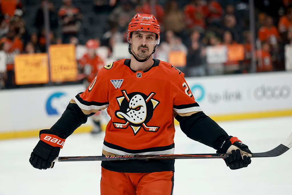 ANAHEIM, CALIFORNIA - DECEMBER 07: Chris Kreider #20 of the Anaheim Ducks looks on during warmups before the game against the Chicago Blackhawks at Honda Center on December 07, 2025 in Anaheim, California. (Photo by Nicole Vasquez /NHLI via Getty Images)