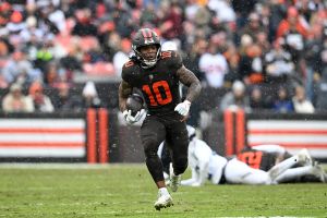 CLEVELAND, OHIO - DECEMBER 07: Quinshon Judkins #10 of the Cleveland Browns carries the ball during the first quarter against the Tennessee Titans at Huntington Bank Field on December 07, 2025 in Cleveland, Ohio. (Photo by Nick Cammett/Diamond Images via Getty Images)