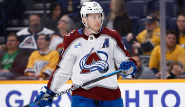 NASHVILLE, TENNESSEE - DECEMBER 09: Nathan MacKinnon #29 of the Colorado Avalanche looks on during the third period of the game against the Nashville Predators at Bridgestone Arena on December 09, 2025 in Nashville, Tennessee. (Photo by Johnnie Izquierdo/Getty Images)