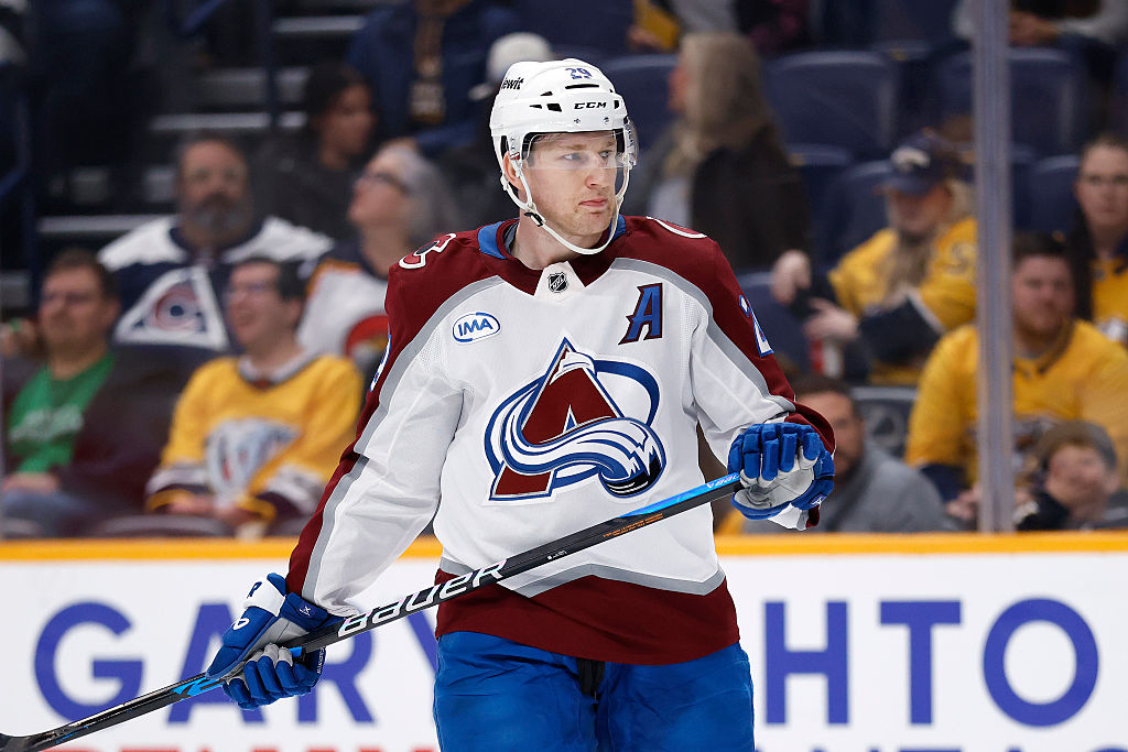 NASHVILLE, TENNESSEE - DECEMBER 09: Nathan MacKinnon #29 of the Colorado Avalanche looks on during the third period of the game against the Nashville Predators at Bridgestone Arena on December 09, 2025 in Nashville, Tennessee. (Photo by Johnnie Izquierdo/Getty Images)