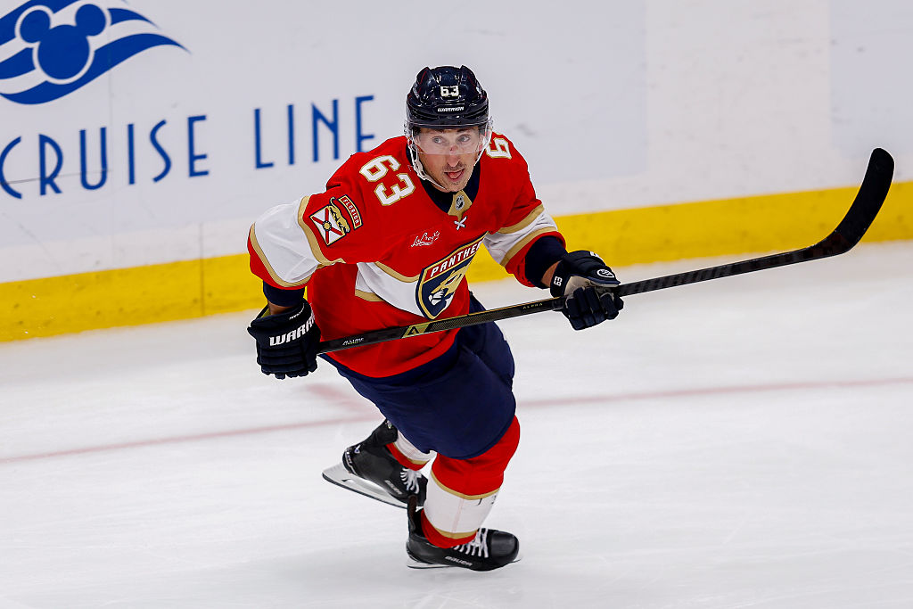 SUNRISE, FL - DECEMBER 17: Florida Panthers left wing Brad Marchand (63) looks on during the third period in the game between the Los Angeles Kings and the Florida Panthers on December 17, 2025 at the Amerant Bank Arena in Sunrise, FL.(Photo by Chris Arjoon/Icon Sportswire via Getty Images)
